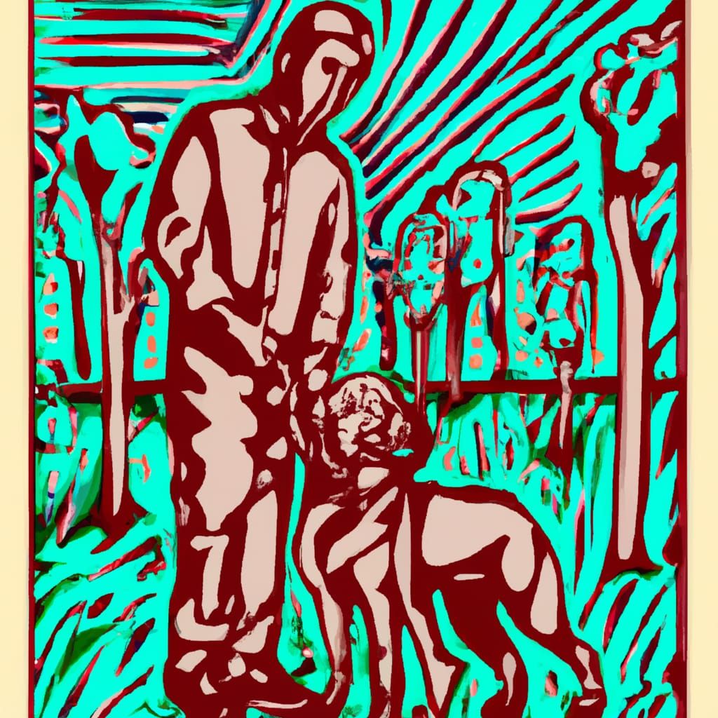 Man and Dog in Colorized Woodcut Style