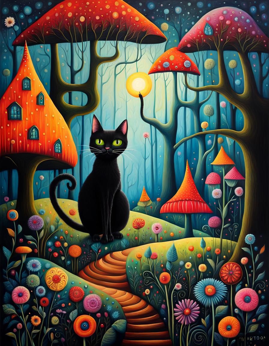 Whimsical Black Cat in Art Brut Style
