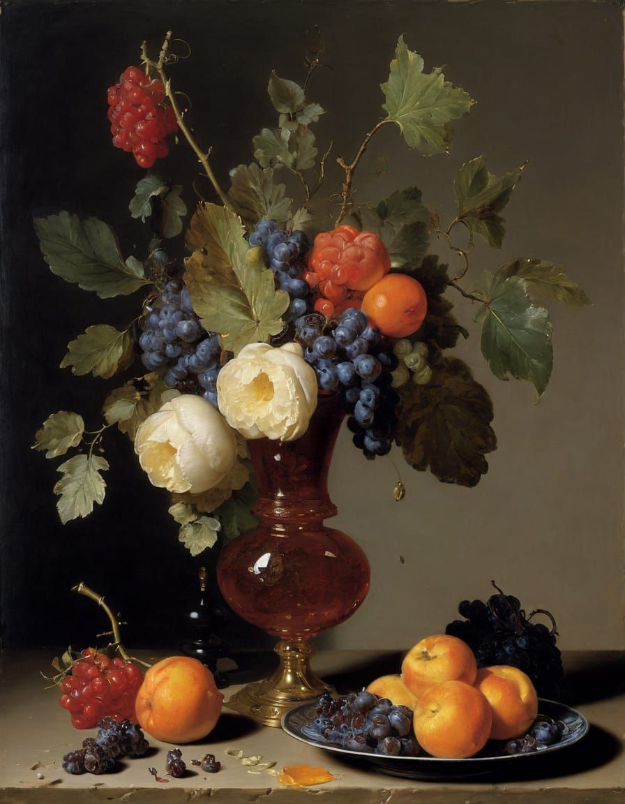 Baroque Still Life with Fruits as Face, Surrounded by Woven ...