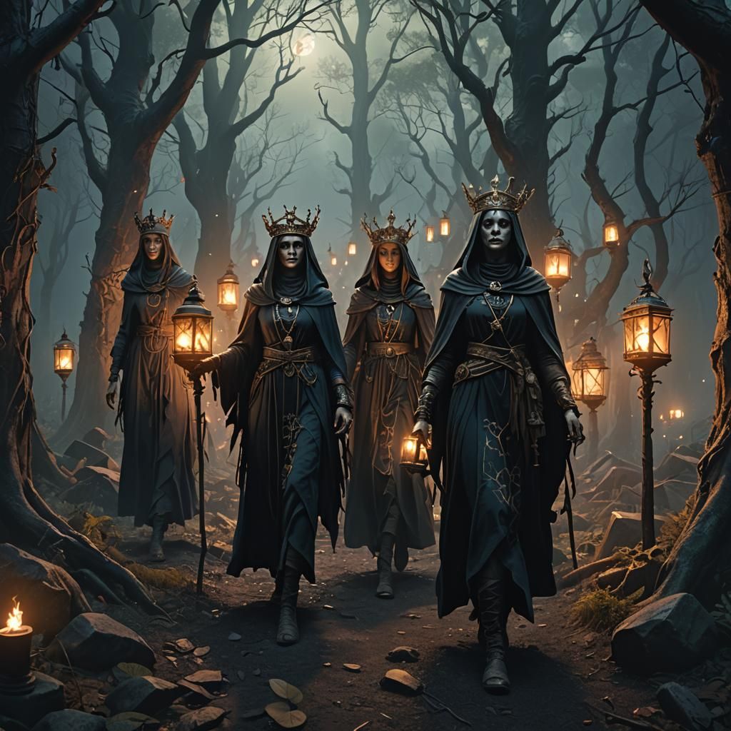 Priestesses With Lanterns in Dark Fantasy Forest