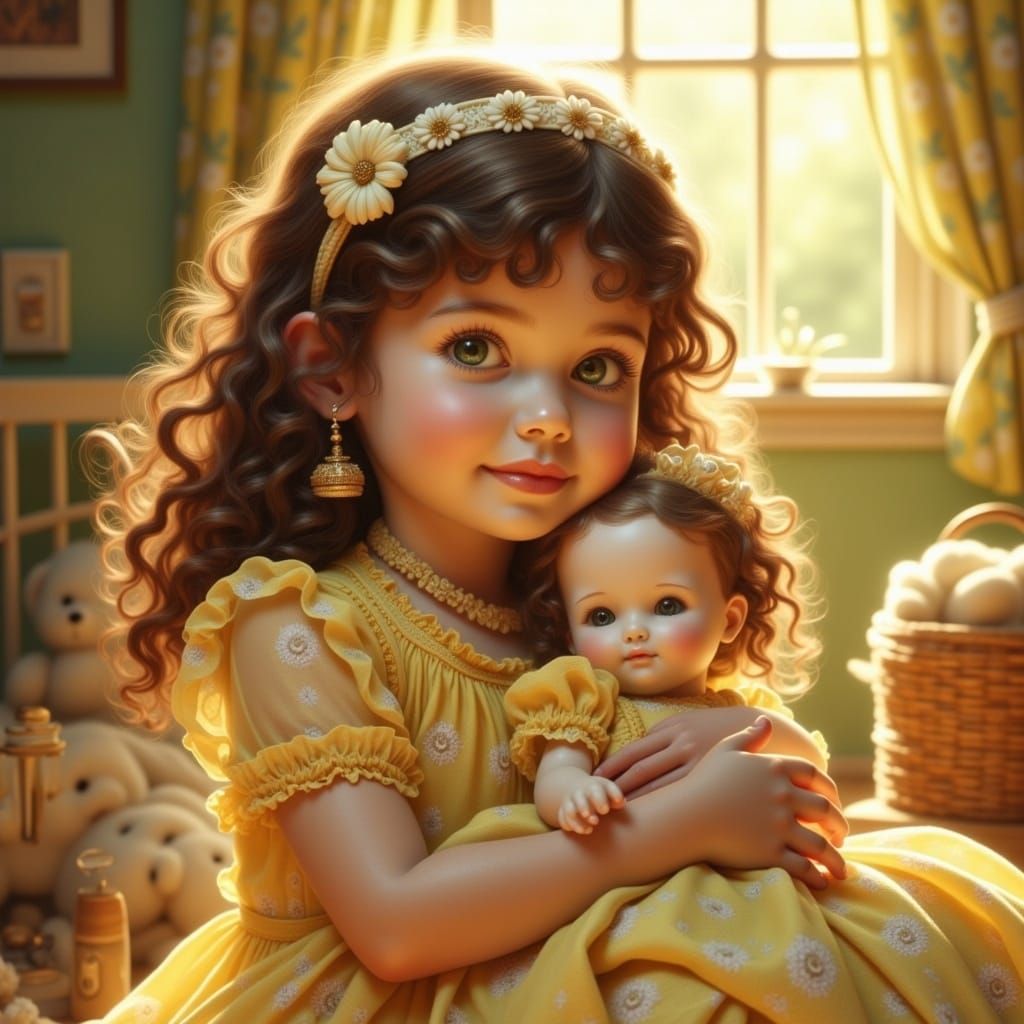 Girl with Doll in Sunlit Nursery