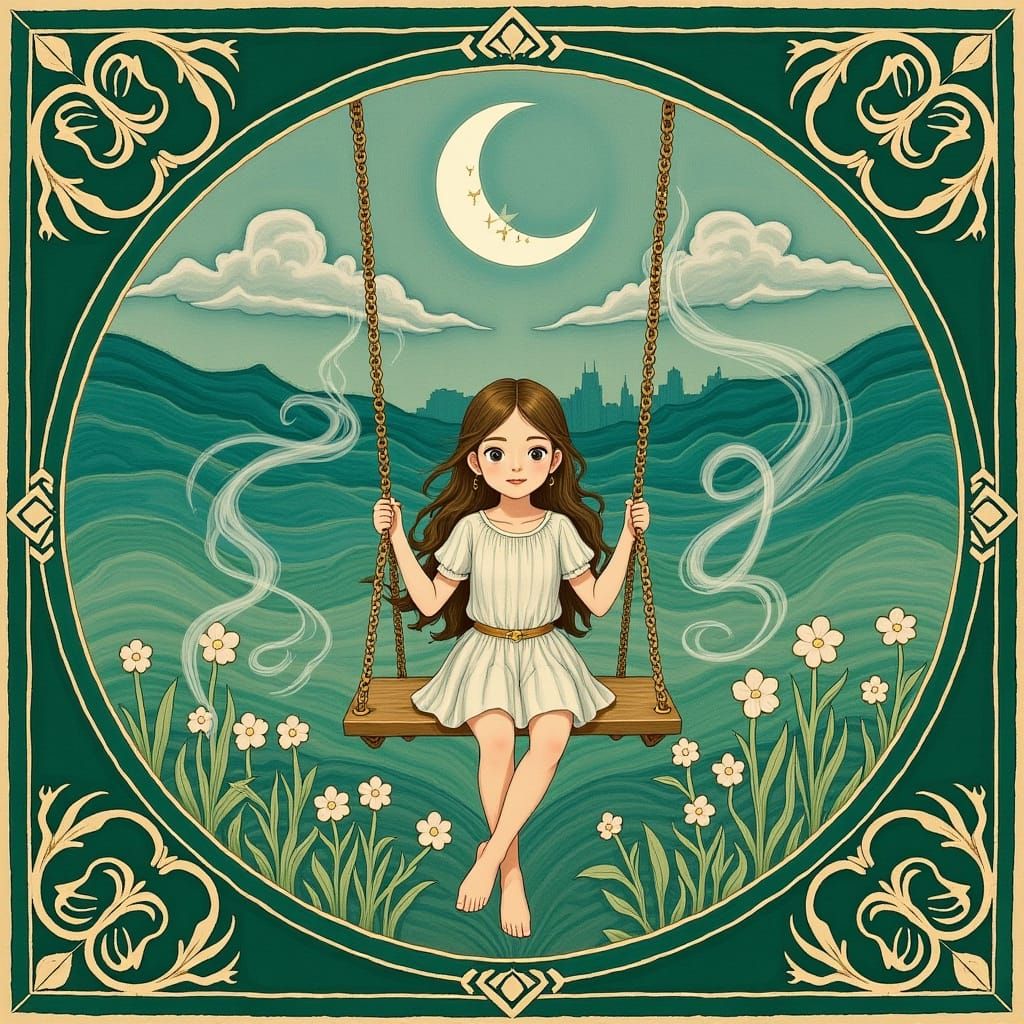 Girl on Swing Under Moon in Ceramic Mosaic Style