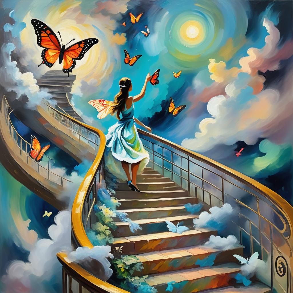 Queen on Stairway to Heaven: Neo-Expressionist Impasto Paint...