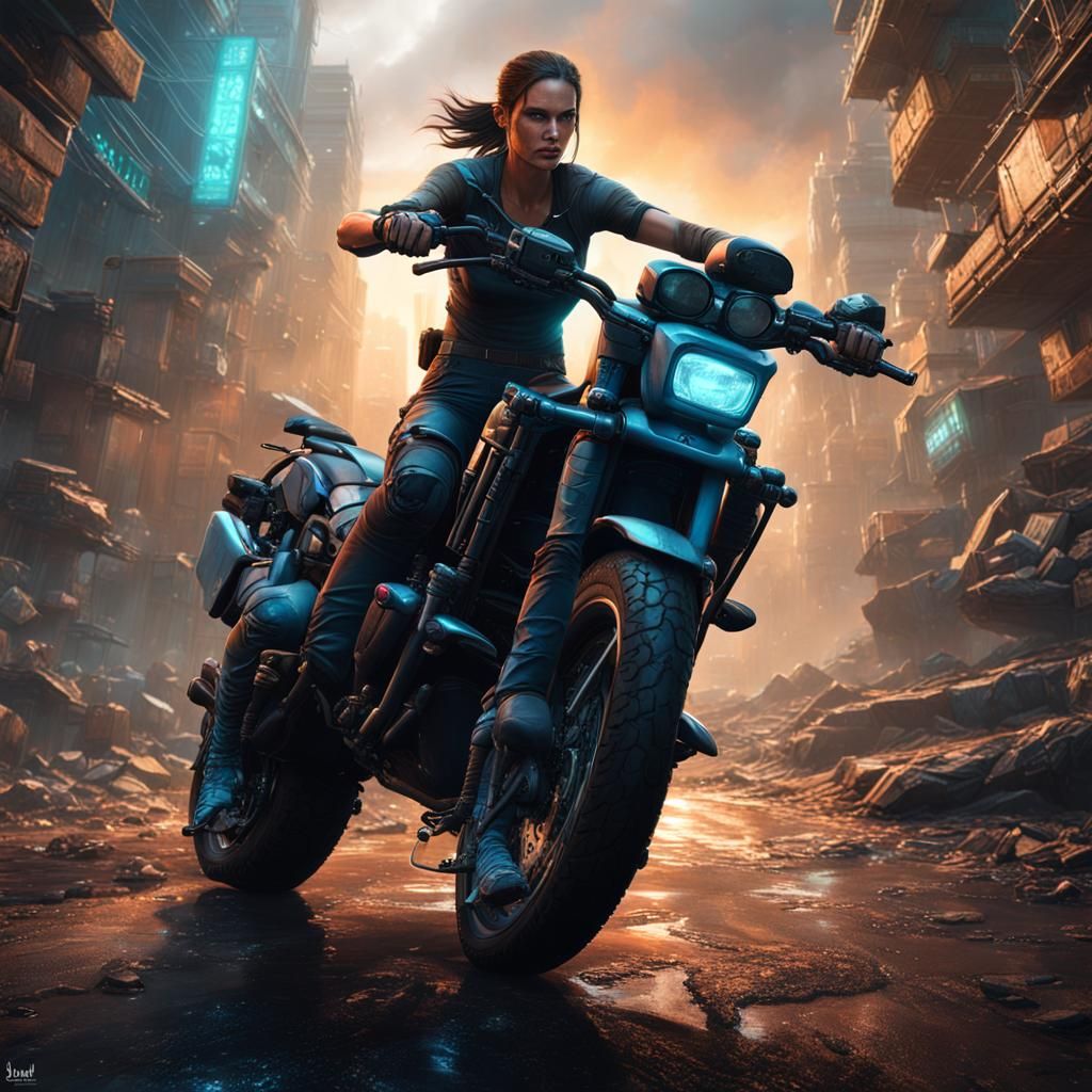 Cyberpunk Lara Croft on Motorcycle, Detailed Digital Art