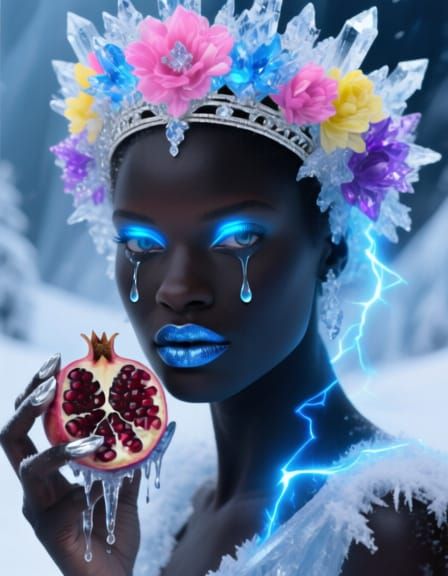 Majestic Dark-Skinned Woman Crowned with Electric Ice Flower...