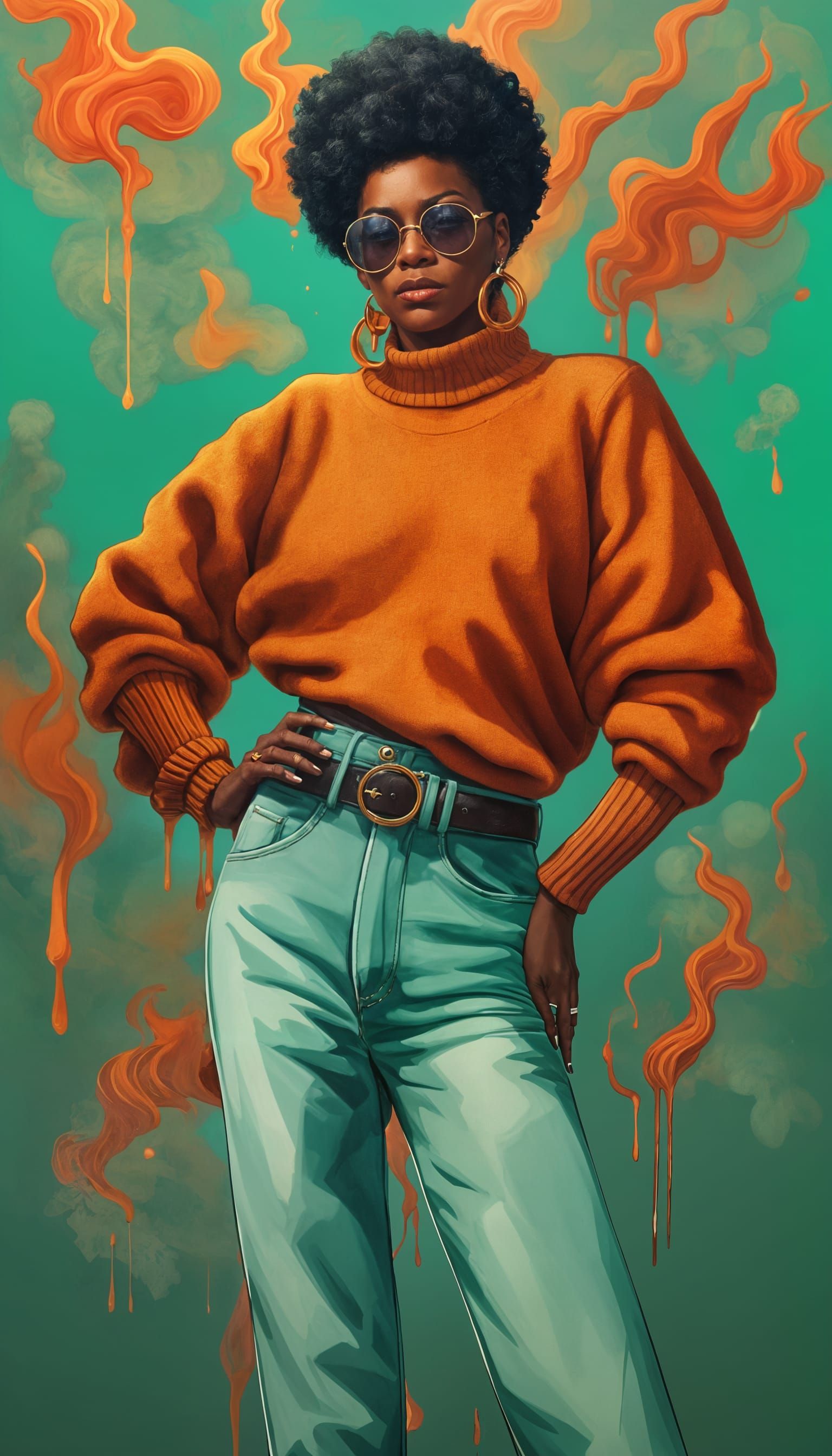 Smoking Woman in 1970s Fashion, Acrylic Painting