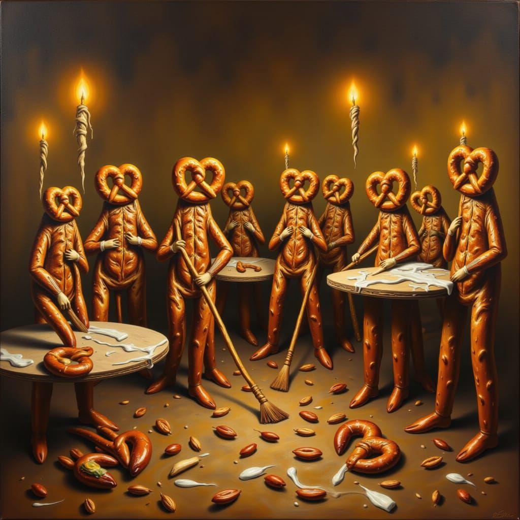 Pretzel People Cleaning Tavern in Oil Painting Style