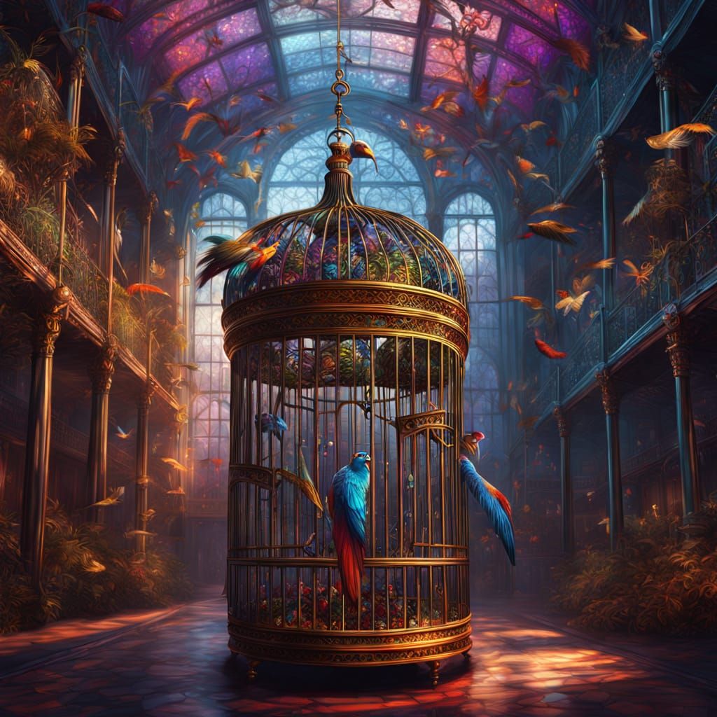 Massive Intricate Bird Cage Hyperrealistic Painting