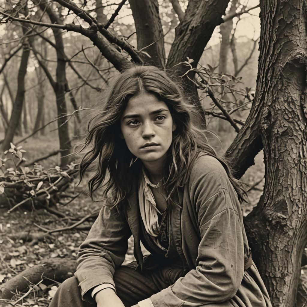 Frightened Peasant Woman in Medieval Setting