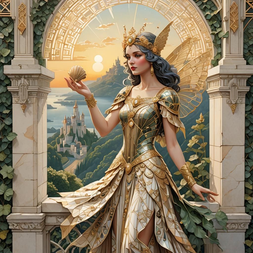 Art Deco Fairy Points to Rising Sun