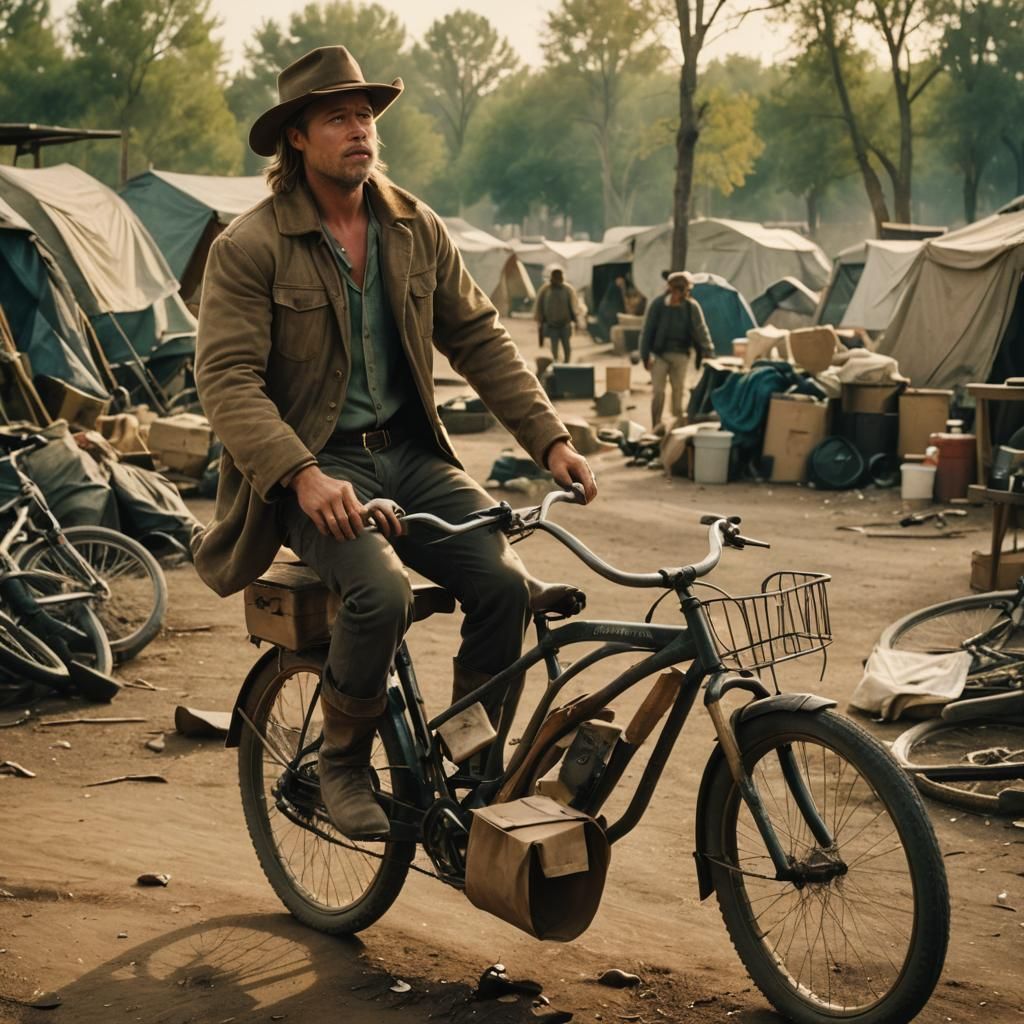 Man in Cowboy Boots Rides Bicycle: Cinematic Film Still