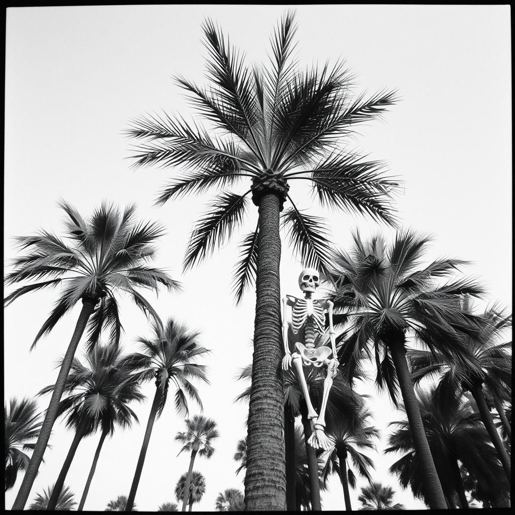 black and white photogram of palm trees, a skeleton leaning ...
