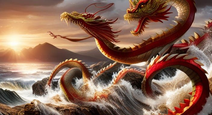 Red volcanic dragon making earthquake and tsunami