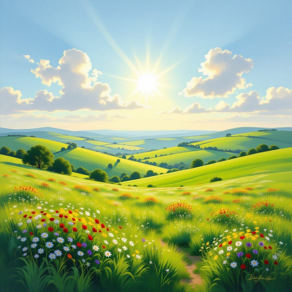 Hyperrealistic Oil Painting of Rolling Hills on a Summer Day