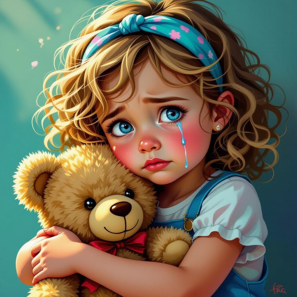 Sad Girl Hugs Teddy Bear in Dramatic Splash Art