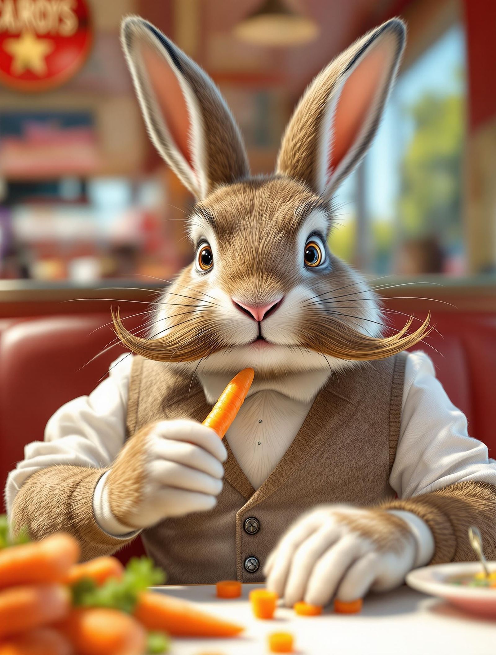 Retro-Style Rabbit Enjoying Carrots in a Sunny Diner