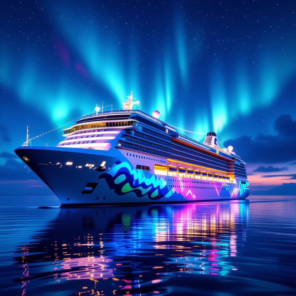 Luxury Cruise Ship Hull with Aurora Glow
