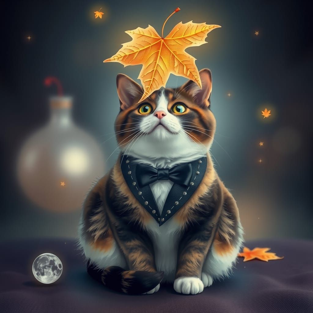 Mystical Cat Surrounded by an Ethereal Maple Leaf