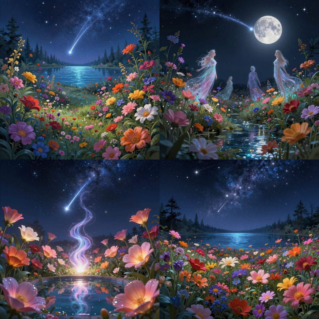 Fantastical Astral Flower Garden with Shooting Stars