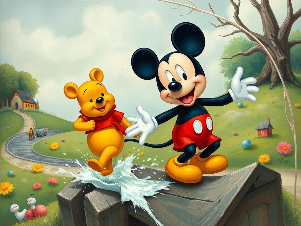 Mickey Mouse and Winnie-the-Pooh on an adventure