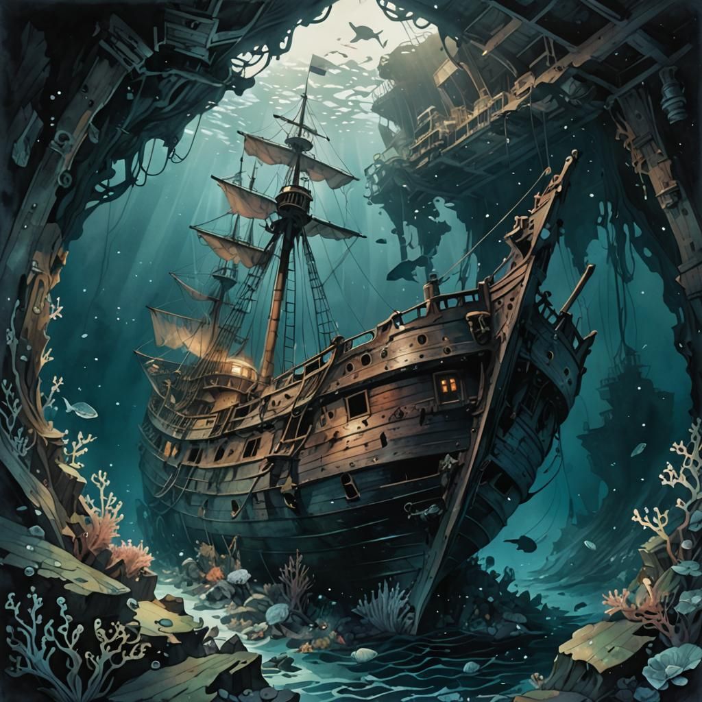 Eerie Underwater Shipwreck in Watercolor Style