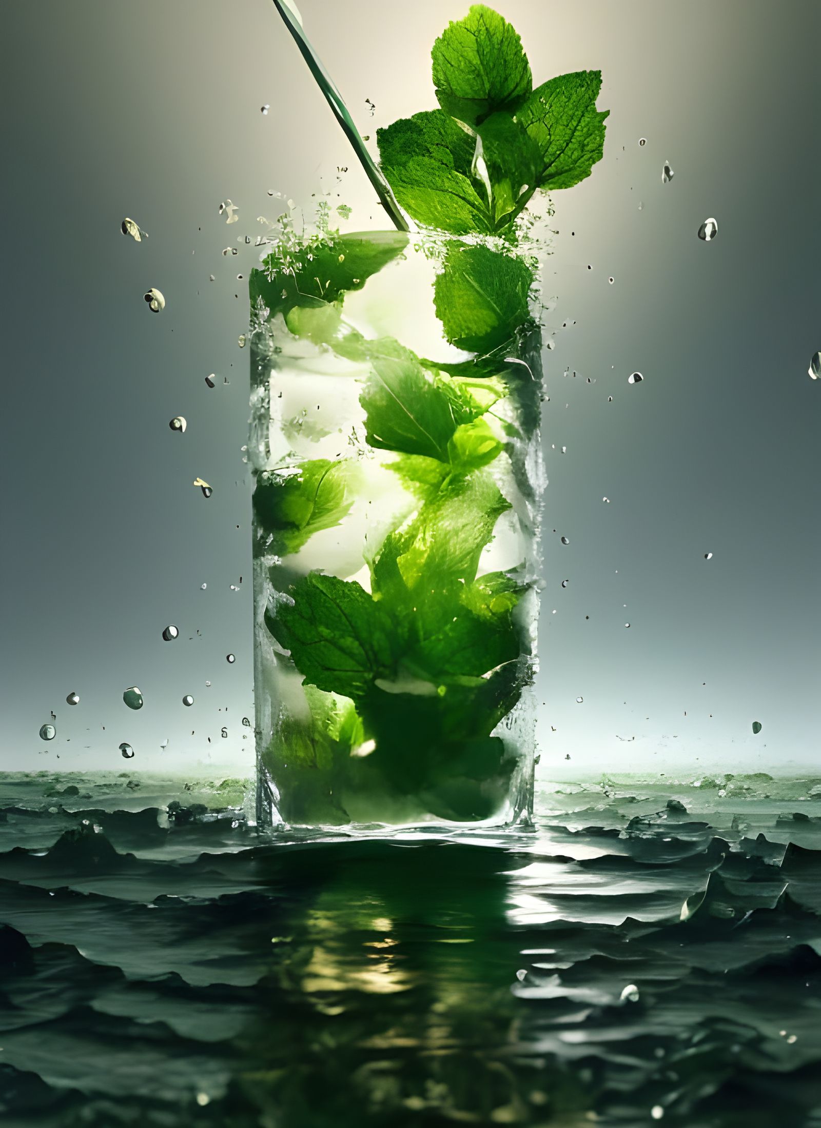Iced Tea with Mint Leaf, Digital Illustration
