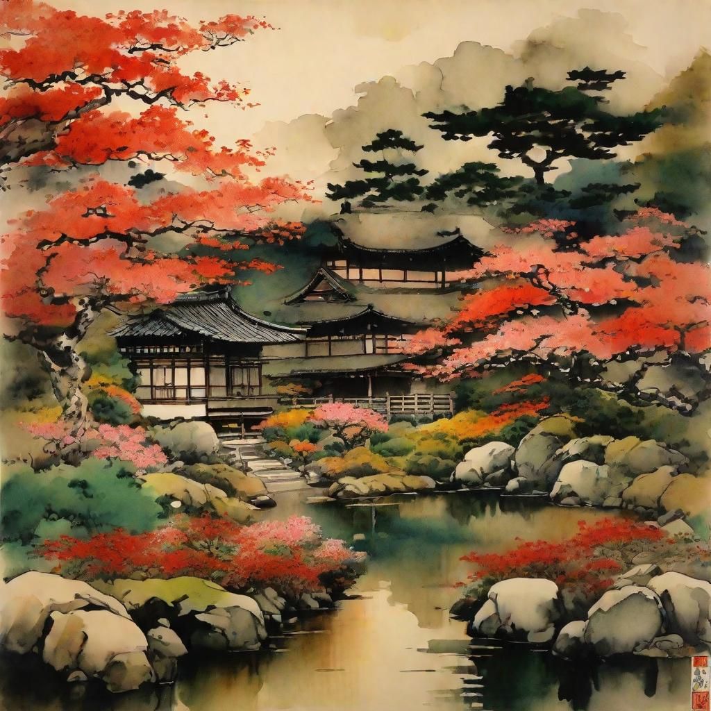 Japanese Garden at Night in Ink Painting Style