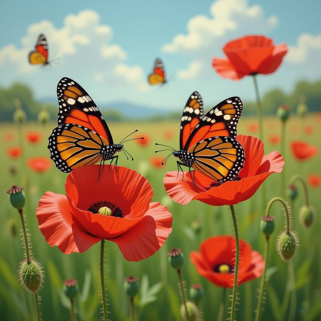 Butterflies on Poppies: Summer Afternoon in Japanese Style