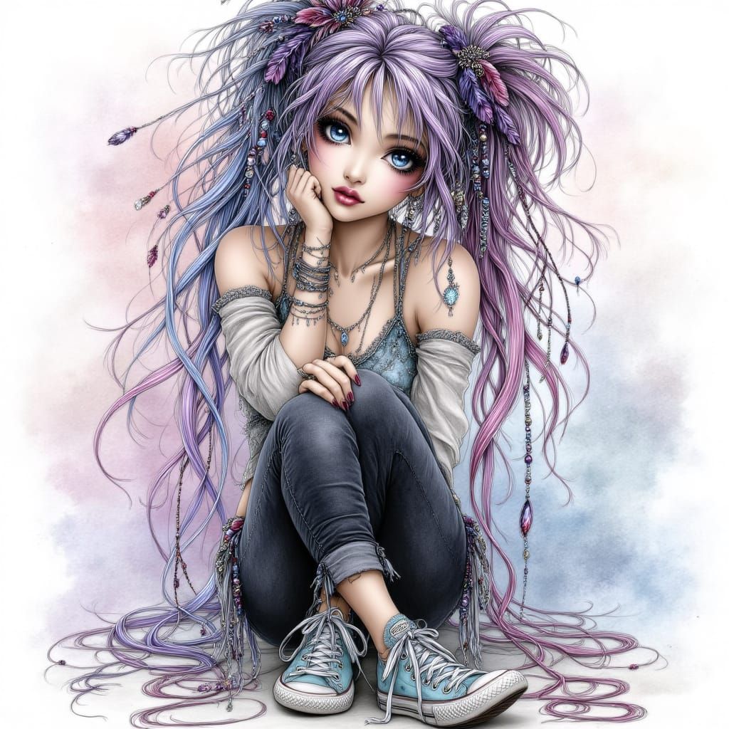 Anime Girl with Lavender Hair in Colorful Inkwash Style