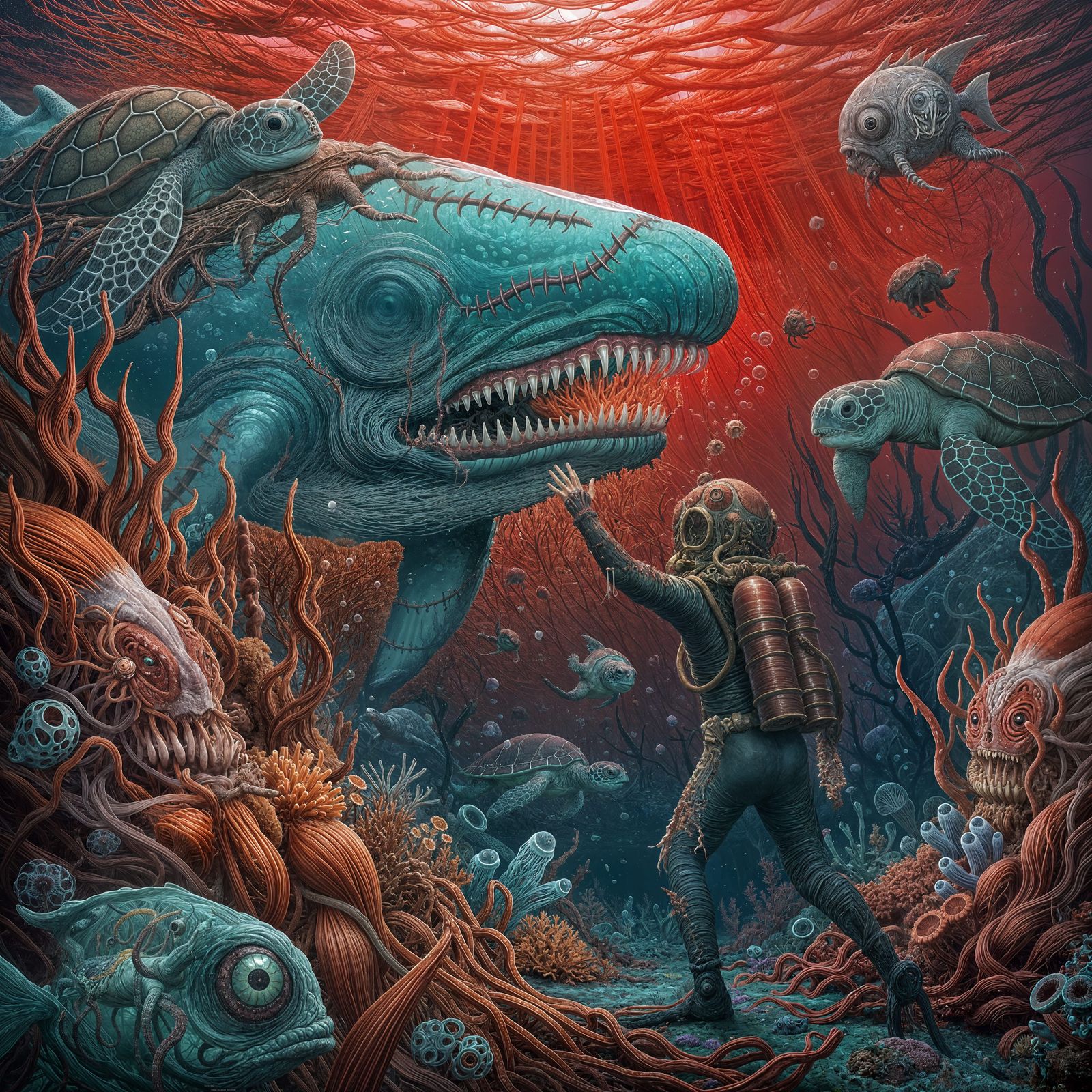 Nightmarish Living Coral Reef in Crimson Ocean