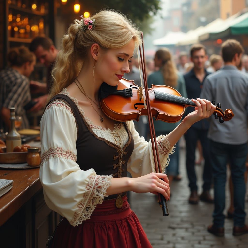 Woman Playing Violin in Bustling Irish Market