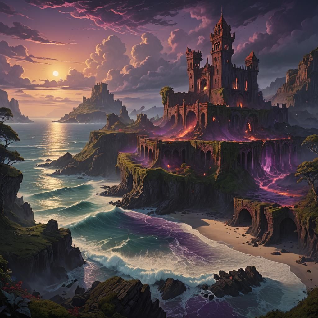 Mystical Realm: Dark Fantasy Art Nouveau Landscape