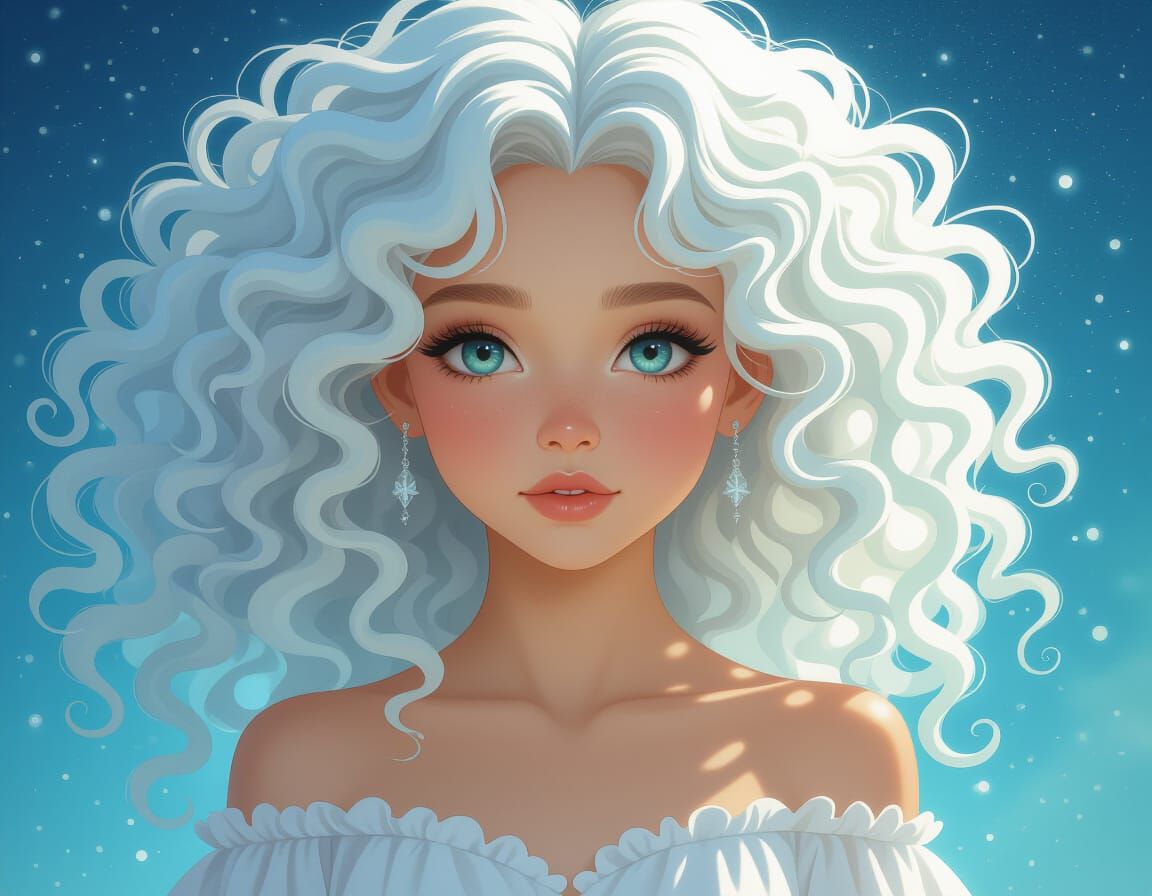 Girl with White Curly Hair under Starry Sky
