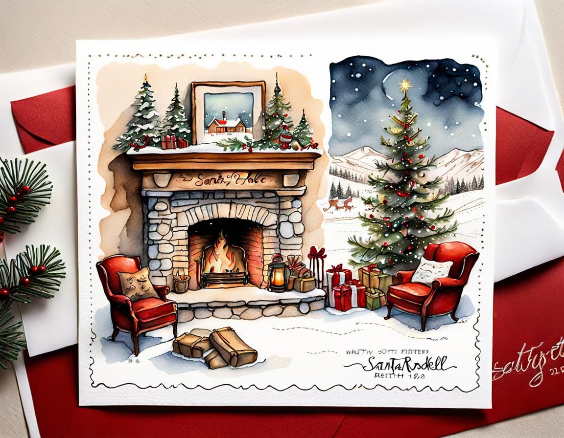Whimsical Christmas Postcard to Santa, Watercolor Illustrati...