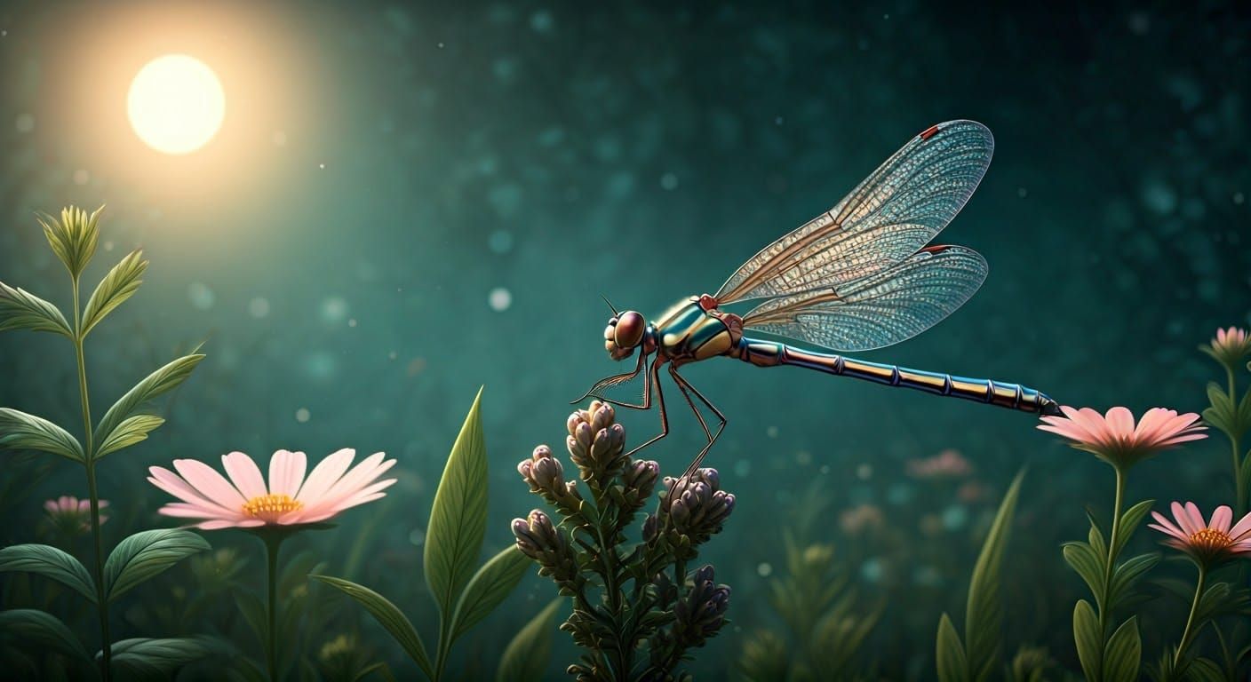 Iridescent Dragonfly in Moonlit Garden as Pre-Raphaelite Art