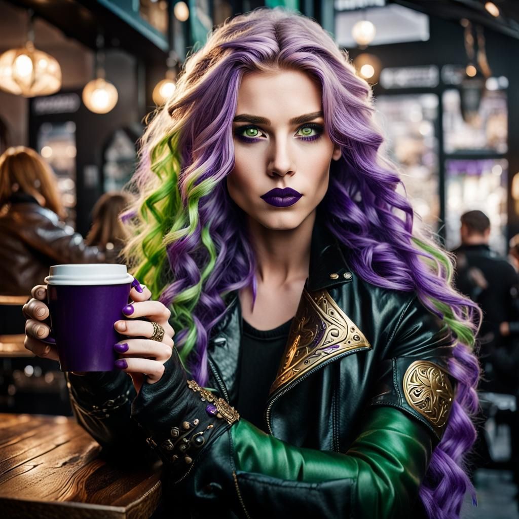 Valkyrie with Viking Features Drinking Coffee