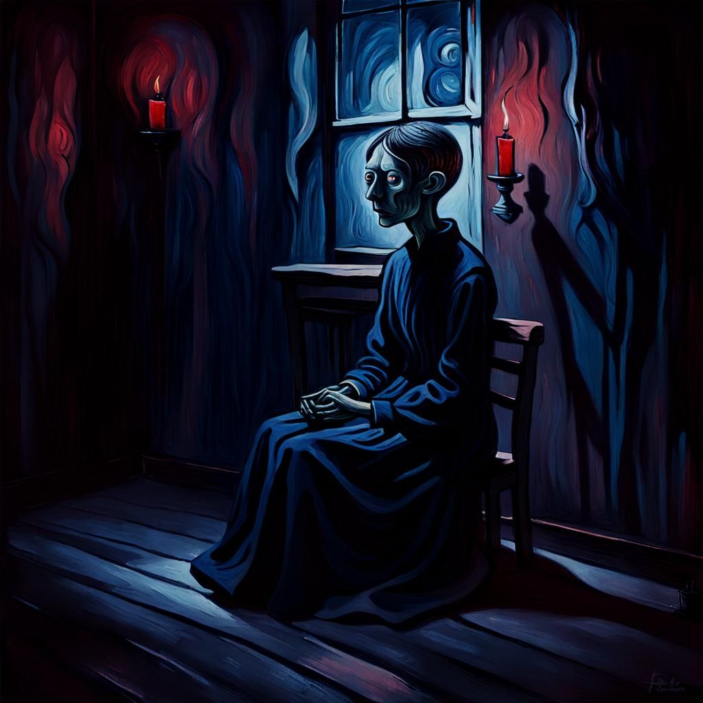Eerie Surrealist Art: Figure in Dimly Lit Room