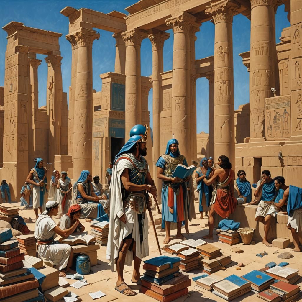Egyptian Library with Roman Guards in Oil Painting Style