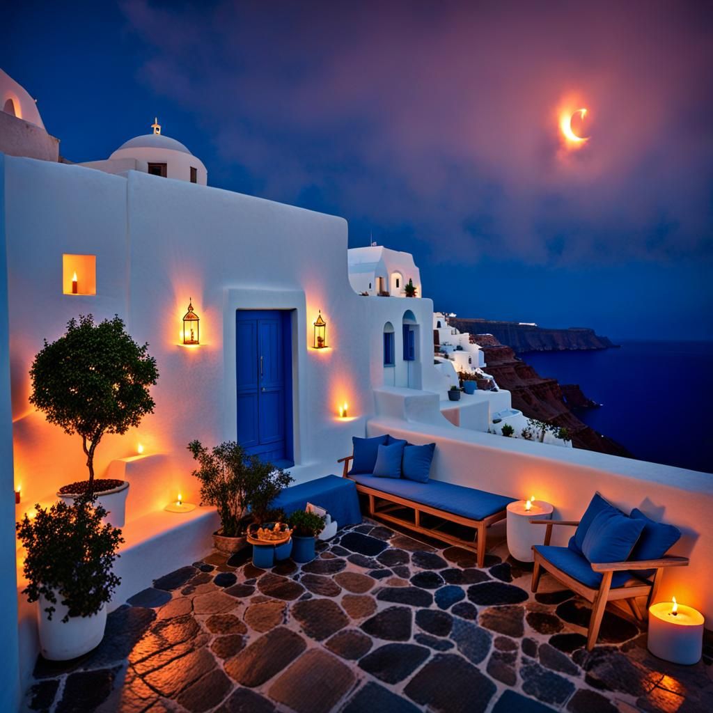 Santorini Porch at Night Under Starry Sky