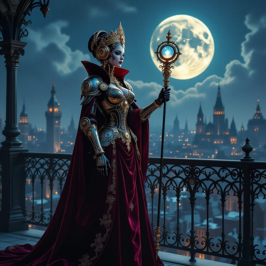 Robot Empress in Steampunk Armor Overlooking Victorian City