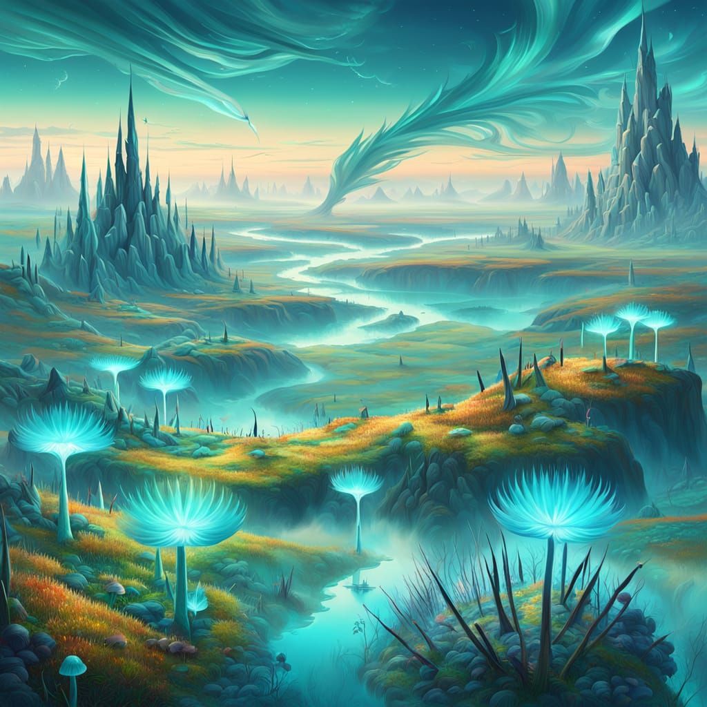 Surreal Teal Landscape with Quills: Dreamlike Digital Art