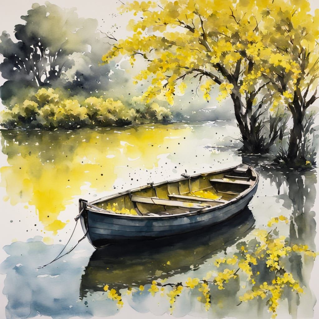 Laburnum Tree Overlooking Lake with Boat in Watercolour Spla...