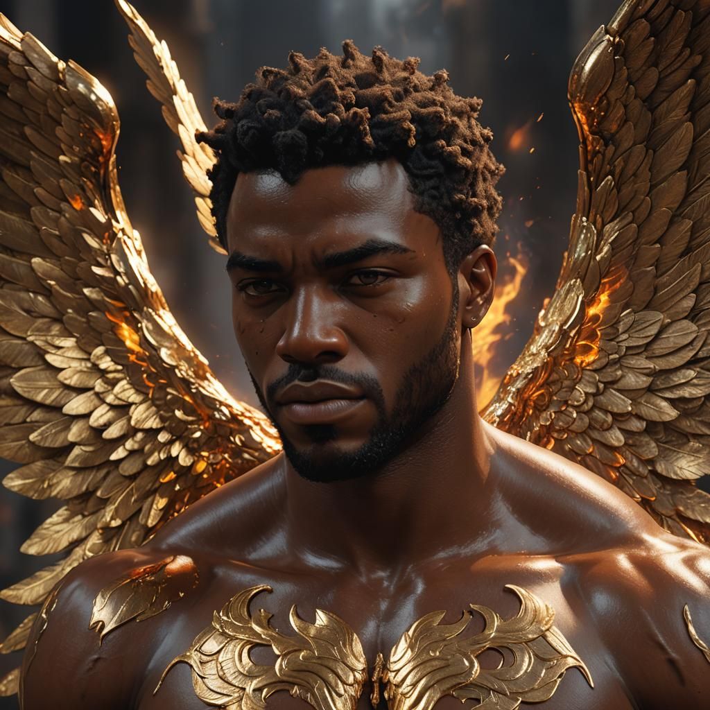 Angelic Warrior: Hyperrealistic Portrait with Golden Wings