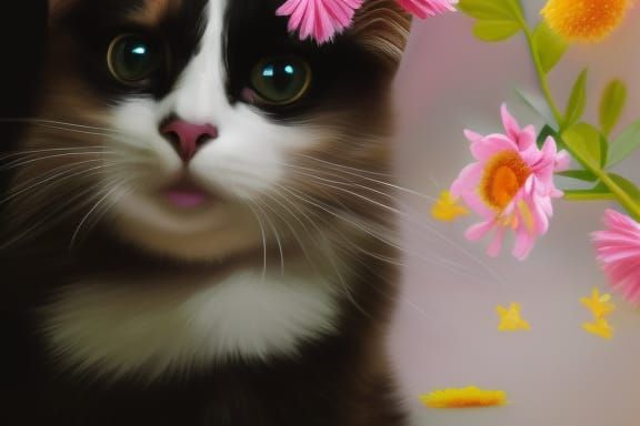 Cute Cat Surrounded by Falling Flowers in Hyperreal Detail