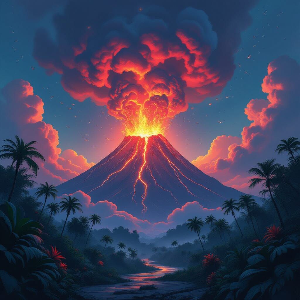 Volcanic Eruption in Alien Jungle, Dark Fantasy Art