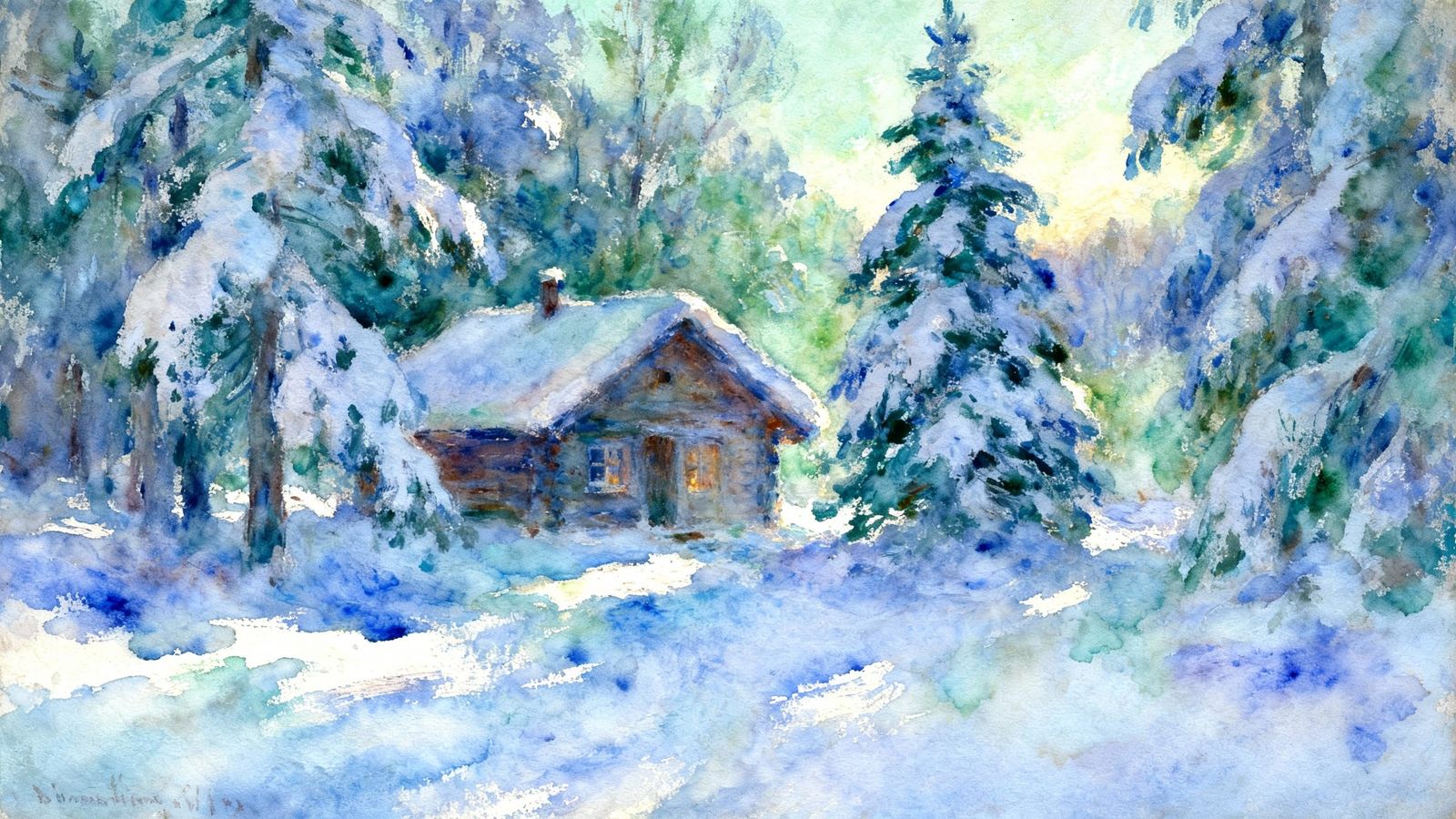 Monet-Inspired Winter Cabin Watercolor Painting