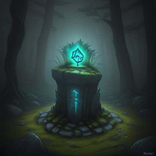 Mysterious Glowing Rune Stone in Ethereal Forest