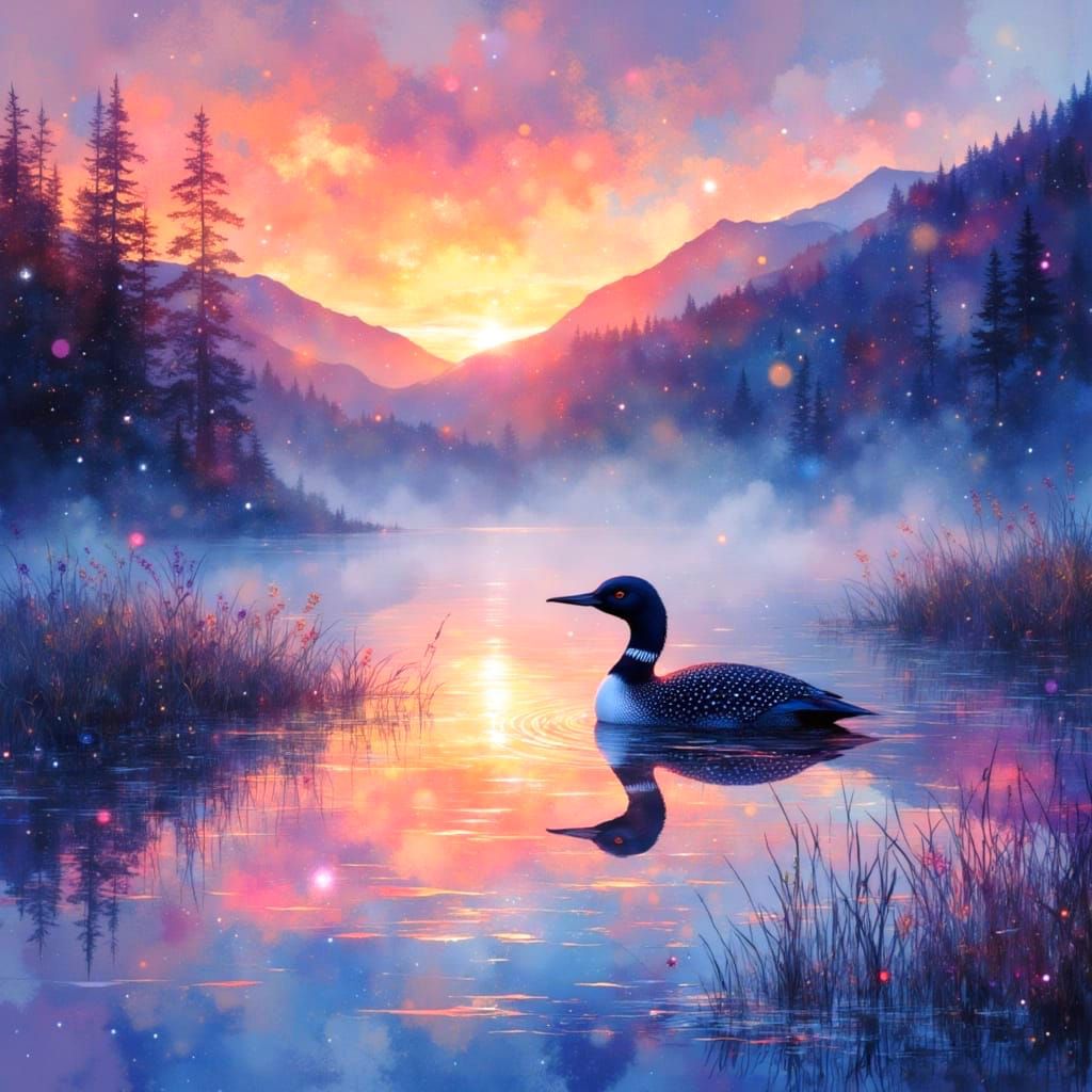 Majestic Loon in Sunset Lake Scene with Grunge Texture