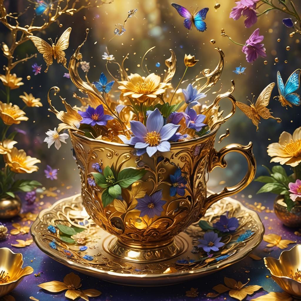 Gorgeous gold tea cup with magic, fairies, and flower surrou...