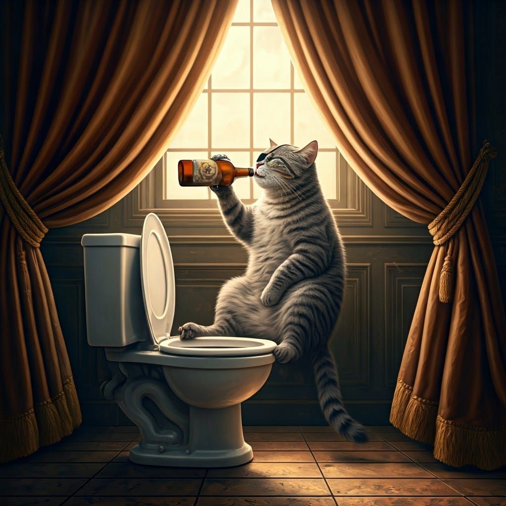Pirate Cat Enjoys Beer in Opulent Bathroom